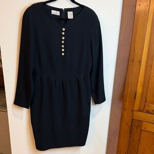 Vintage Liz Claiborne Black Shift Dress w/Pleats & Pearl/Gold Buttons -80s, Chic